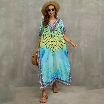 EDOLYNSA 2023 Инди-фолк плюс размер кафтан повседневное с v-образным вырезом с коротким рукавом летнее платье макси женская одежда пляжная одежда купальный костюм Q1383