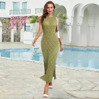 EDOLYNSA 2023 Лето Сексуальное Трикотажное Сетчатое Повседневное Длинное Платье с Открытыми Разрезами Женский Купальник Прикрытие Парео Туника Пляжное Платье Макси A2318 One size зелёный