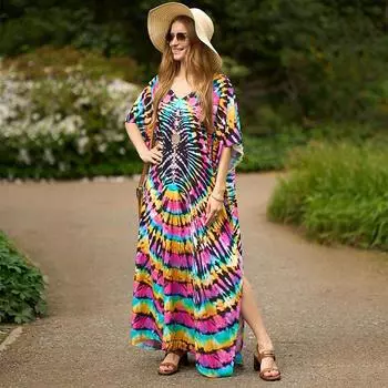 EDOLYNSA 2023, накидки на бикини в стиле бохо, сексуальное платье макси с рукавами «летучая мышь», женский марокканский кафтан, пляжная одежда, купальный костюм, накидка Q1450 One size разноцветный