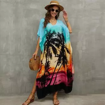 EDOLYNSA 2023 пляжное платье с богемным принтом больших размеров, гавайская курортная одежда, кафтан с v-образным вырезом, повседневная одежда для отдыха Q1464