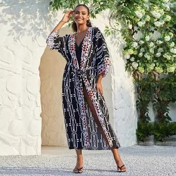 EDOLYNSA 2023, женское кимоно больших размеров с длинными рукавами, элегантное летнее платье-кардиган с открытым передом и поясом, парео, праздничное платье Q1332 One size чёрный