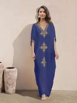EDOLYNSA 2024 элегантное золотое вышитое кафтан в стиле ретро с v-образным вырезом белое платье больших размеров женская одежда летняя пляжная одежда купальный костюм накидка One Size синий
