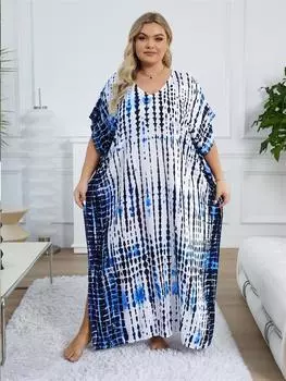EDOLYNSA 2024 богемное полосатое свободное платье-кафтан с v-образным вырезом, женское летнее повседневное длинное платье размера плюс с рукавами «летучая мышь» для отпуска Q1218 One Size синий