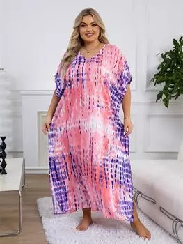 EDOLYNSA 2024 богемное розовое свободное платье-кафтан с v-образным вырезом для женщин, летнее повседневное длинное платье размера плюс с рукавом «летучая мышь» для отдыха Q1218 One Size розовый