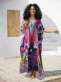 EDOLYNSA 2024, богемный кафтан с принтом, женское летнее пляжное платье, одежда больших размеров, женский кафтан, купальный костюм, платья в стиле бохо One size фиолетовый