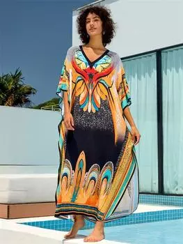 EDOLYNSA 2024, богемный шикарный принт, большие размеры, с v-образным вырезом, рукавами «летучая мышь», кафтан, женское летнее пляжное платье, пляжное платье, купальный костюм, свободный халат One Size разноцветный