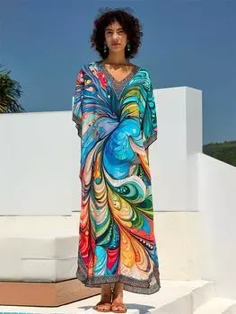 EDOLYNSA 2024 Boho Chic Printed V-образный вырез рукава летучая мышь свободный кафтан летний отпуск пляжное платье купальник накидка уютная домашняя одежда халат Q1690 One Size разноцветный