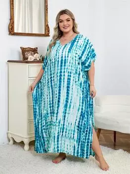 EDOLYNSA 2024 Boho Светло-зеленый полосатый принт с V-образным вырезом Свободный кафтан Женский летний повседневный пляжное платье больших размеров Отпускной купальный костюм Q1218 One Size зелёный