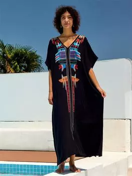 EDOLYNSA 2024 Boho Вышитый Свободный Черный Кафтан Уютный Домашний Халат Женское Летнее Пляжное Длинное Платье Отпуск Купальники Прикрыть Наряды Q1680 One Size чёрный