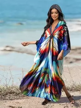 EDOLYNSA 2024 Большие размеры Красочные с принтом бабочки Ручная вязка V-образным вырезом Повседневное кафтан Женское домашнее платье Летняя пляжная одежда Купальник Cover Up Q1634 One Size разноцветный