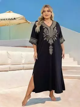EDOLYNSA 2024 Элегантное золотое платье с вышивкой плюс размер Черный кафтан Женское свободное пляжное платье Летние каникулы Домашняя одежда Купальник Cover Up Q1677 One Size чёрный