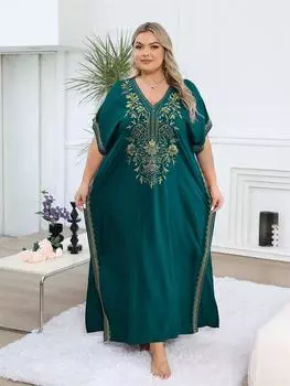 EDOLYNSA 2024 Элегантный кафтан с золотой нитью и вышивкой больших размеров, женское длинное пляжное платье, домашняя одежда для летних каникул, купальный костюм, свободный кафтан One Size зелёный