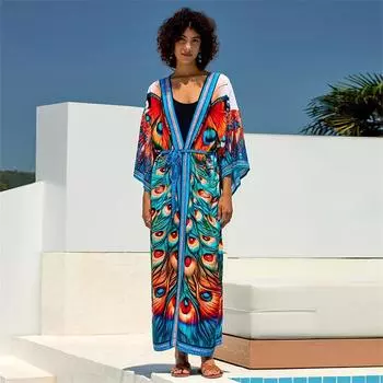 EDOLYNSA 2024 летнее богемное кимоно с принтом и поясом, платье-кардиган, женский сексуальный купальник, бикини, накидки, уютная одежда для дома, туника Q1675 One size синий