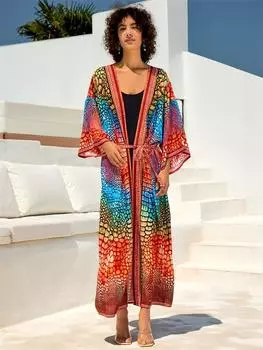 EDOLYNSA 2024 летнее кимоно с поясом и принтом, кардиган, богемное пляжное платье, женский сексуальный купальник, уютный легкий наряд Q1675 One size красный