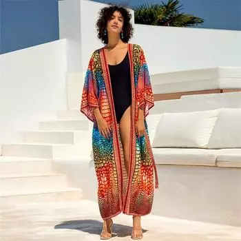 EDOLYNSA 2024 летнее кимоно с поясом и принтом, кардиган, богемное пляжное платье, женский сексуальный купальник, уютный легкий наряд Q1675 One size красный