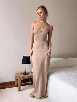 EDOLYNSA 2024, летнее сексуальное вязаное вязаное платье с открытой спиной, без рукавов, пляжное платье макси, купальник, бикини, накидки, элегантный праздничный облегающий наряд K8 S бежевый