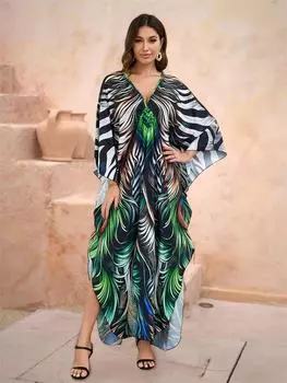 EDOLYNSA 2024, летнее женское зеленое свободное пляжное платье с принтом, 2024, уютный бохо с v-образным вырезом и рукавами «летучая мышь», кафтан, купальник, бикини, накидки Q1588 One Size зелёный
