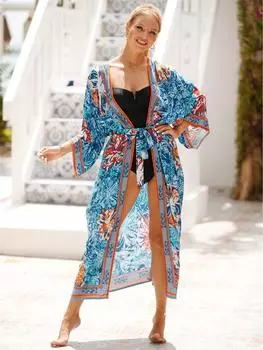 EDOLYNSA 2024 летние сексуальные накидки на бикини с поясом, кимоно, кардиган с принтом, длинный купальник, накидка для женщин, домашнее платье больших размеров Q1512 One Size синий