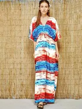 EDOLYNSA 2024 Летние женские пляжные платья макси с цветочным принтом Пляжная одежда в стиле бохо Разноцветное полосатое платье с V-образным вырезом и половиной рукавов с высокой талией Женское платье Q246 One Size разноцветный