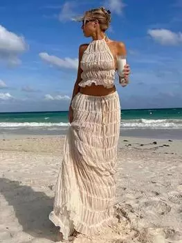 EDOLYNSA 2024, летняя мода, сексуальная открытая спина, висящий на шее ремень, плиссированная кружевная юбка, пляжное платье из двух частей, купальник, бикини, накидки S белый