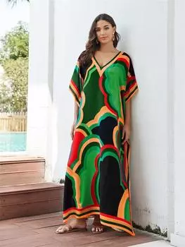 EDOLYNSA 2024 Лето Богемный зеленый кафтан с принтом больших размеров Сексуальные пляжные накидки для женщин Уютное домашнее платье с v-образным вырезом и короткими рукавами Свободный халат Q1594 One Size зелёный