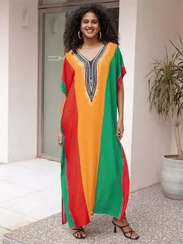 EDOLYNSA 2024 Лето Цвет Флага Большой V-образный вырез с рукавами «летучая мышь» Свободный кафтан Богемное пляжное платье с разрезом по бокам Пляжная одежда Купальник Cover Up Q1658 One size разноцветный
