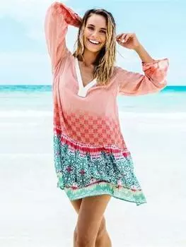 EDOLYNSA 2024 Летний повседневный принт купальный костюм купальник пляжная туника платье сексуальный V-образный вырез шифон длинный рукав женская одежда миди платья Q430 One Size оранжевый