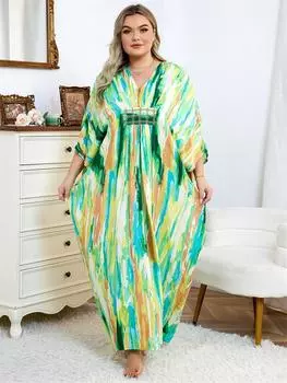 EDOLYNSA 2024 Лето Сексуальное Красочное Галстук-краситель с V-образным вырезом и рукавами «летучая мышь» Негабаритные платья-кафтаны Купальник для женщин Уютное домашнее платье для отпуска Туника Q1616 One Size разноцветный