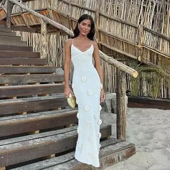 EDOLYNSA 2024 Лето Женщины 3D Цветок Трикотаж Холтер Спинки Пляжное Платье Макси Сексуальный Купальник Бикини Накидки Элегантный Вечерний Наряд A2849 S абрикосовый