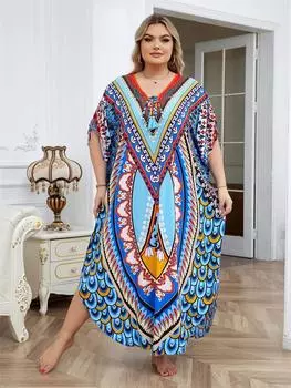 EDOLYNSA 2024 Марокканский кафтан в богемном стиле с принтом летнее платье длинная туника женская пляжная одежда больших размеров купальник накидка халат пляжный One Size синий