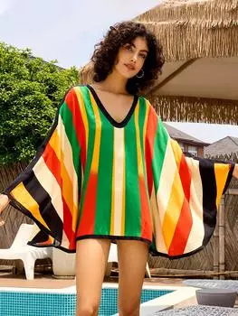 EDOLYNSA 2024 Многоцветный принт с большим V-образным вырезом и рукавами «летучая мышь», пляжное мини-платье, свободное полосатое летнее женское платье для отдыха, бассейна, вечеринки, купальник, прикрытие One Size разноцветный