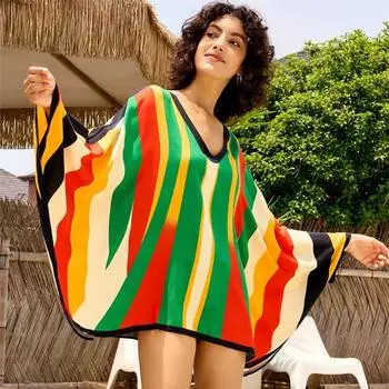 EDOLYNSA 2024 Многоцветный принт с большим V-образным вырезом и рукавами «летучая мышь», пляжное мини-платье, свободное полосатое летнее женское платье для отдыха, бассейна, вечеринки, купальник, прикрытие One Size разноцветный