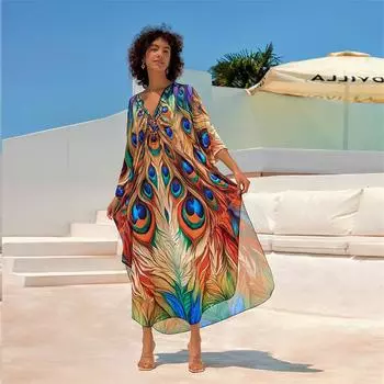 EDOLYNSA 2024, модное богемное кафтан с принтом больших размеров, женское пляжное платье макси, летний купальник, накидка, уютный повседневный свободный домашний халат Q1670 One Size разноцветный