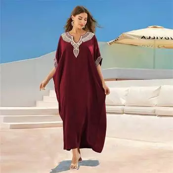EDOLYNSA 2024 модный купальный костюм накидка для женщин домашнее платье вышитый свободный кафтан летняя пляжная одежда купальник накидка наряд Q1622 One Size красный