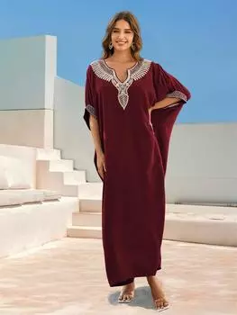 EDOLYNSA 2024 модный купальный костюм накидка для женщин домашнее платье вышитый свободный кафтан летняя пляжная одежда купальник накидка наряд Q1622 One Size красный