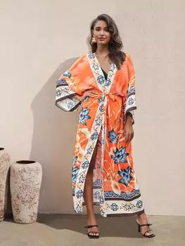 EDOLYNSA 2024, накидки на бикини, розовое платье-кимоно с принтом в стиле бохо, с поясом, открытое спереди, длинное кимоно, платье, пляжная туника, женский купальный костюм, накидка One Size оранжевый
