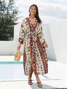 EDOLYNSA 2024, накидки на бикини в стиле бохо, элегантное кимоно с поясом, платье-туника, женская пляжная одежда больших размеров, накидка на купальный костюм One size коричневый