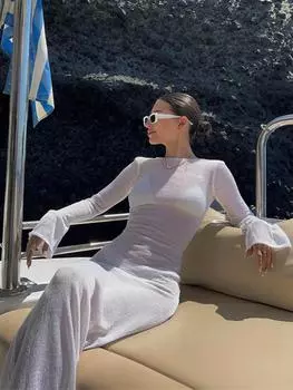 EDOLYNSA 2024 Новое белое платье-макси с вырезом-лодочкой и открытой спиной Элегантное трикотажное пляжное платье с длинным рукавом Сексуальный солнцезащитный наряд для отдыха на вечеринке Клубные платья S белый