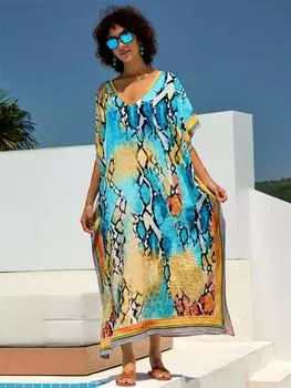 EDOLYNSA 2024 новый синий богемный принт плюс размер кафтан с v-образным вырезом пляжная одежда купальник накидка женский летние каникулы свободный халат пляжное платье One size синий