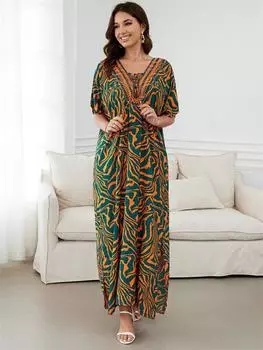 EDOLYNSA 2024 Оранжевый принт зебры, свободный кафтан, сексуальные пляжные накидки для женщин, летнее платье с v-образным вырезом и кисточками, завязка с разрезом по бокам, уютное повседневное домашнее платье One Size оранжевый