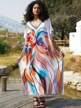 EDOLYNSA 2024 Платье-кафтан больших размеров для женщин Лето с принтом в стиле бохо с v-образным вырезом и рукавами «летучая мышь» Пляжные накидки Сексуальный костюм для плавания Прикрытие Домашние платья Q1658 One size разноцветный