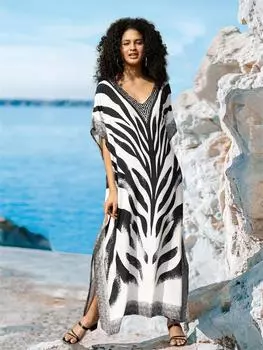 EDOLYNSA 2024, полосатый зебра, большие размеры, с v-образным вырезом и рукавами «летучая мышь», кафтан, женская пляжная одежда для летних каникул, купальный костюм, пляжные платья в стиле бохо One size чёрный/белый