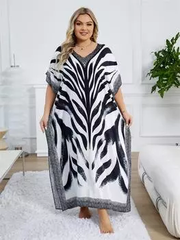EDOLYNSA 2024, полосатый зебра, большие размеры, с v-образным вырезом и рукавами «летучая мышь», кафтан, женская пляжная одежда для летних каникул, купальный костюм, пляжные платья в стиле бохо One size белый/чёрный