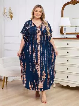 EDOLYNSA 2024, повседневная пляжная одежда, купальник, накидка в полоску, с принтом тай-дай, кафтан больших размеров, женское летнее богемное пляжное платье с v-образным вырезом и разрезом по бокам One Size темно-синий