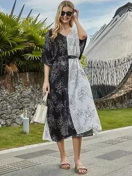 EDOLYNSA 2024 повседневное лоскутное платье миди с v-образным вырезом и коротким рукавом с поясом, летняя одежда, женская пляжная одежда, купальный костюм, накидка One Size белый/чёрный