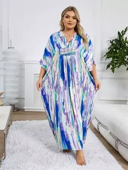 EDOLYNSA 2024 повседневное полосатое богемное платье-кафтан больших размеров для женщин, летнее платье с V-образным вырезом и рукавами «летучая мышь», длинные платья для отпуска, пляжной вечеринки Q1616 One Size синий