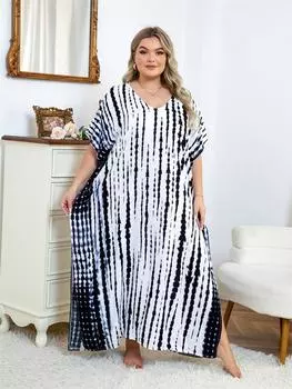 EDOLYNSA 2024 повседневное с v-образным вырезом в полоску тай-дай плюс размер белый кафтан женское летнее пляжное платье с принтом в стиле бохо сексуальный купальный костюм Q1218 One Size белый