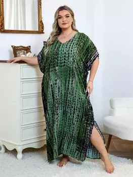 EDOLYNSA 2024 повседневное v-образным вырезом темно-зеленая полоса тай-дай плюс размер кафтан женское летнее пляжное платье с принтом в стиле бохо купальник накидка Q1218 One Size зелёный