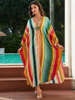 EDOLYNSA 2024 разноцветное богемное платье с принтом больших размеров, кафтан, женский кафтан, летние наряды, свободные платья для отпуска и вечеринки Moo Moo One Size разноцветный