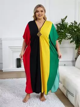 EDOLYNSA 2024 Разноцветный кафтан в богемном стиле с v-образным вырезом и рукавами «летучая мышь» Уличная одежда Платье макси Женская пляжная одежда Купальный костюм Q1618 One Size разноцветный